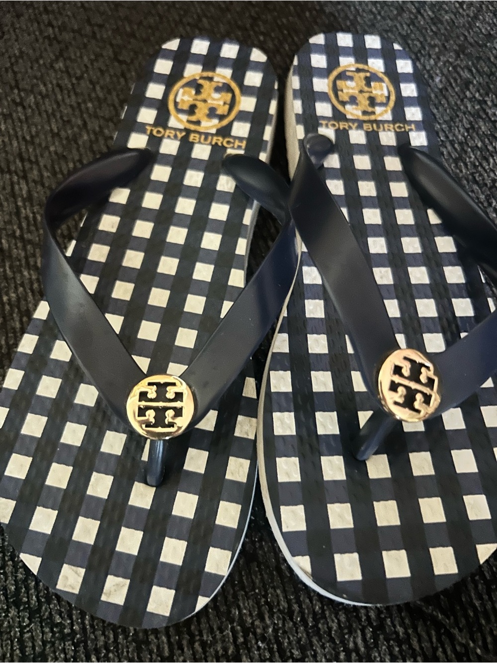 Tory Burch Navy & White Gingham Logo Flip Flops